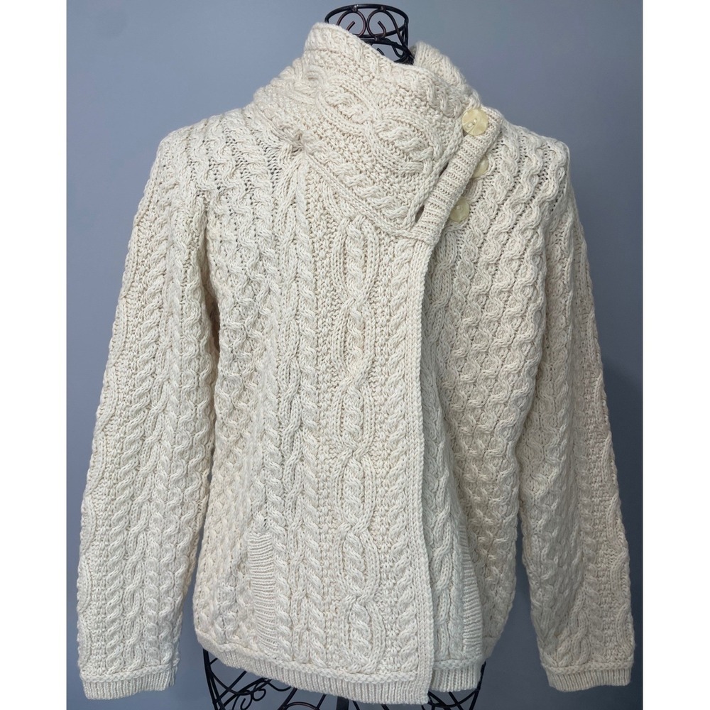 Aran Mor Ireland Merino Wool Hand Knit Cardigan Sweater Cream Fisherman Large